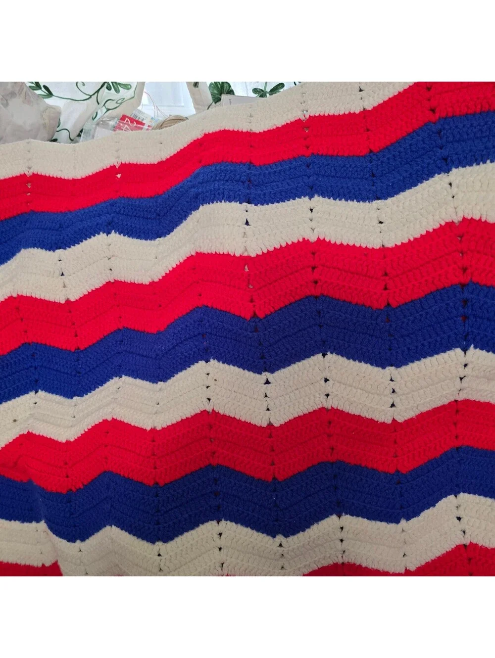 Handmade Crochet Blanket in Red, Blue, & white Chevron Pattern flag 25 x 90 appr